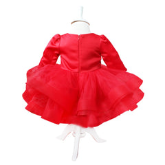 Set complet pentru botez compus din rochie rosie si bentita, pantofiori, lumanare tip glob cu bebe printesa si trusou brodat "Cu drag de la nasi" si coroana format din 7 piese, REC1526