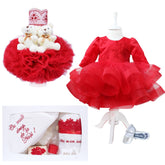 Set complet pentru botez compus din rochie rosie si bentita, pantofiori, lumanare tip glob cu doi ursuleti si trusou brodat "Cu mult drag de la nasi" format din 7 piese, REC1525