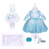 Set complet pentru botez compus din rochie verde menta si bentita, pantofiori, lumanare tip glob cu fluturasi si trusou brodat "Cu drag de la nasi" format din 8 piese, REC1574