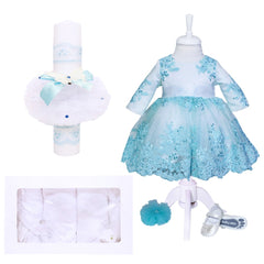 Set complet pentru botez compus din rochie verde menta si bentita, pantofiori, lumanare tip glob cu fluturasi si trusou brodat "Cu drag de la nasi" format din 8 piese, REC1574