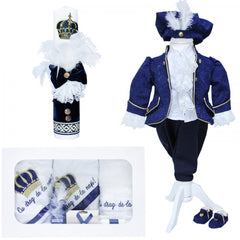 Set complet pentru botez, costum bleumarin de print, lumanare, trusou brodat cu coroana de print,13 piese, Recostore, REC1670