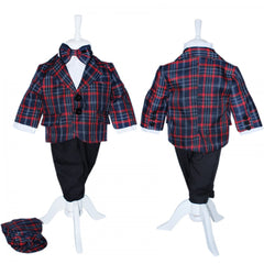 Set complet pentru botez, costum bleumarin in carouri, lumanare, trusou brodat cu Baby Boss si pantofiori,14 piese, Recostore, REC1669