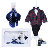 Set complet pentru botez, costum bleumarin in carouri, lumanare, trusou brodat cu Baby Boss si pantofiori,14 piese, Recostore, REC1669