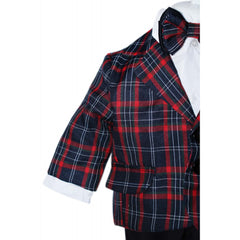 Set complet pentru botez, costum bleumarin in carouri, lumanare, trusou brodat cu Baby Boss si pantofiori,14 piese, Recostore, REC1669