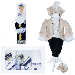 Set complet pentru botez, costum crem de print, lumanare, trusou brodat cu coroana de print, 13 piese, Recostore, REC1671