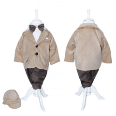 Set complet pentru botez, costum crem-maro, lumanare cu doi ursuleti si trusou brodat si pantofiori, 14 piese, Recostore, REC1667
