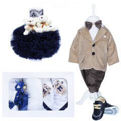 Set complet pentru botez, costum crem-maro, lumanare cu doi ursuleti si trusou brodat si pantofiori, 14 piese, Recostore, REC1667