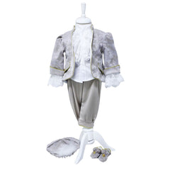 Set complet pentru botez, costum de print, lumanare cu bebe print aplicat, trusou brodat cu coroana de print si mesajul " Cu drag de la nasi", 13 piese, alb-crem, REC395
