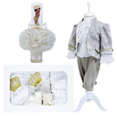 Set complet pentru botez, costum de print, lumanare cu bebe print aplicat, trusou brodat cu coroana de print si mesajul " Cu drag de la nasi", 13 piese, alb-crem, REC395