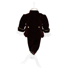 Set complet pentru botez, costum de print, lumanare cu coroana aplicata, trusou brodat cu coroana de print si mesajul " Cu drag de la nasi", 13 piese, alb-visiniu, REC397