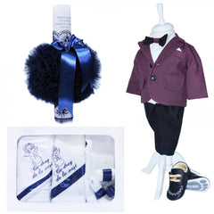 Set complet pentru botez, costum grena, lumanare, trusou brodat si pantofiori, 13 piese, Recostore, REC1668