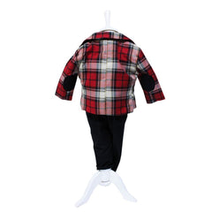 Set complet pentru botez, costum in carouri pentru baieti, lumanare cu bebe sef imprimat, trusou cu bebe sef brodat, 13 piese, alb-bleumarin-carouri, REC412