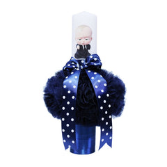 Set complet pentru botez, costum in carouri pentru baieti, lumanare cu bebe sef imprimat, trusou cu bebe sef brodat, 13 piese, alb-bleumarin-carouri, REC412