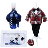 Set complet pentru botez, costum in carouri pentru baieti, lumanare cu bebe sef imprimat, trusou cu bebe sef brodat, 13 piese, alb-bleumarin-carouri, REC412