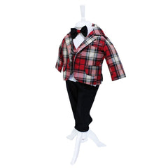 Set complet pentru botez, costum in carouri pentru baieti, lumanare cu bebe sef imprimat, trusou cu bebe sef brodat, 13 piese, alb-bleumarin-carouri, REC412