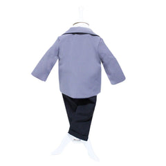 Set complet pentru botez, costum, lumanare si trusou brodat cu mesajul "Cu drag de la nasi", 12 piese, alb-bleu-gri, REC391