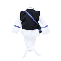 Set complet pentru botez, costum traditional din zona maramuresului pentru baieti, lumanare cu clop imprimat si aplicatii traditionale, trusou cu clop brodat, 13 piese, alb-traditional-albastru, REC411