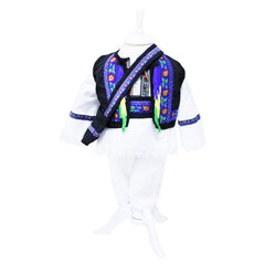 Set complet pentru botez, costum traditional din zona maramuresului pentru baieti, lumanare cu clop imprimat si aplicatii traditionale, trusou cu clop brodat, 13 piese, alb-traditional-albastru, REC411