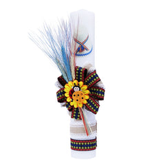 Set complet pentru botez, costum traditional din zona maramuresului pentru baieti, lumanare cu clop imprimat si aplicatii traditionale, trusou cu clop brodat, 13 piese, alb-traditional-albastru, REC411