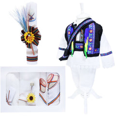 Set complet pentru botez, costum traditional din zona maramuresului pentru baieti, lumanare cu clop imprimat si aplicatii traditionale, trusou cu clop brodat, 13 piese, alb-traditional-albastru, REC411