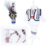 Set complet pentru botez, costum traditional, lumanare cu spice de grau si aplicatii traditionale, trusou cu taranus brodat, 13 piese, alb-traditional-albastru, REC402