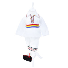 Set complet pentru botez, costum traditional, lumanare cu spice de grau si aplicatii traditionale, trusou cu taranus brodat, 13 piese, alb-traditional-rosu, REC401