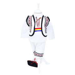 Set complet pentru botez, costum traditional, lumanare cu spice de grau si aplicatii traditionale, trusou cu taranus brodat, 13 piese, alb-traditional-rosu, REC401