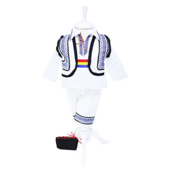 Set complet pentru botez, costum traditional, lumanare cu spice de grau si aplicatii traditionale, trusou cu taranus brodat, 13 piese, alb-traditional-albastru, REC402