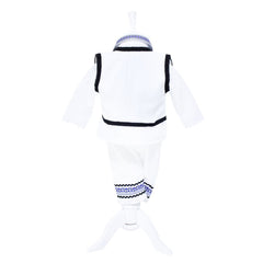 Set complet pentru botez, costum traditional, lumanare cu spice de grau si aplicatii traditionale, trusou cu taranus brodat, 13 piese, alb-traditional-albastru, REC402