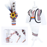 Set complet pentru botez, costum traditional, lumanare cu spice de grau si aplicatii traditionale, trusou cu taranus brodat, 13 piese, alb-traditional-rosu, REC401