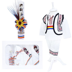 Set complet pentru botez, costum traditional, lumanare cu spice de grau si aplicatii traditionale, trusou cu taranus brodat, 13 piese, alb-traditional-rosu, REC401