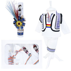 Set complet pentru botez, costum traditional, lumanare cu spice de grau si aplicatii traditionale, trusou cu taranus brodat, 13 piese, alb-traditional-albastru, REC402