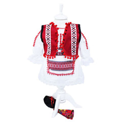 Set complet pentru botez, costum traditional pentru fete, lumanare cu spice de grau si aplicatii traditionale, trusou cu tarancuta brodata, 13 piese, alb-traditional-rosu, REC403