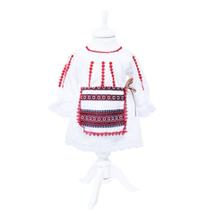 Set complet pentru botez, costum traditional pentru fete, lumanare cu spice de grau si aplicatii traditionale, trusou cu tarancuta brodata, 13 piese, alb-traditional-rosu, REC403