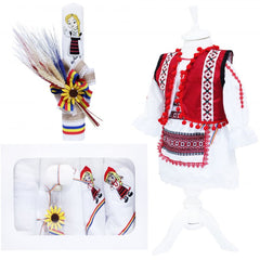 Set complet pentru botez, costum traditional pentru fete, lumanare cu spice de grau si aplicatii traditionale, trusou cu tarancuta brodata, 13 piese, alb-traditional-rosu, REC403