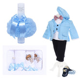 Set complet pentru botez de baieti, costum bleu, trusou brodat cu ingeras, lumanare si pantofiori, 14 piese , Recostore, REC1868