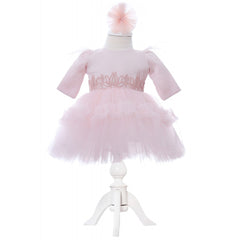 Set complet pentru botez de fete compus din lumanare cu ingeras, trusou brodat cu ingeras, rochita cu dantela si pantofiori, 11 piese, roz, Recostore, REC2257