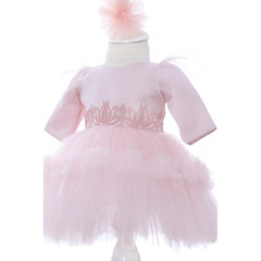 Set complet pentru botez de fete compus din lumanare cu ingeras, trusou brodat cu ingeras, rochita cu dantela si pantofiori, 11 piese, roz, Recostore, REC2257