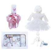 Set complet pentru botez de fete compus din lumanare cu pisicuta aristocrata, trusou brodat cu pisicuta aristocrata, rochita alba cu dantela si pantofiori, 11 piese, Recostore, REC2254