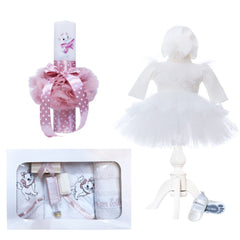 Set complet pentru botez de fete compus din lumanare cu pisicuta aristocrata, trusou brodat cu pisicuta aristocrata, rochita alba cu dantela si pantofiori, 11 piese, Recostore, REC2254