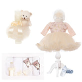 Set complet pentru botez de fete compus din lumanare cu ursulet, trusou brodat cu ursulet, rochita si pantofiori, 11 piese, ivoire, Recostore, REC2242