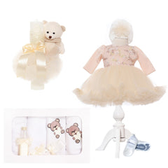 Set complet pentru botez de fete compus din lumanare cu ursulet, trusou brodat cu ursulet, rochita si pantofiori, 11 piese, ivoire, Recostore, REC2242