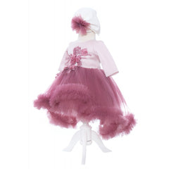 Set complet pentru botez de fete compus din lumanare cu ursulet, trusou brodat, rochita roz pudrat cu trena si pantofiori, 11 piese, roz pudrat, Recostore, REC2247