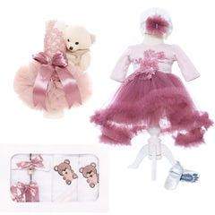Set complet pentru botez de fete compus din lumanare cu ursulet, trusou brodat, rochita roz pudrat cu trena si pantofiori, 11 piese, roz pudrat, Recostore, REC2247
