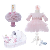 Set complet pentru botez de fete compus din lumanare printesa, trusou brodat cu "Azi m-am crestinat", rochita alba cu dantela si pantofiori, 10 piese, roz pudrat, Recostore, REC2256
