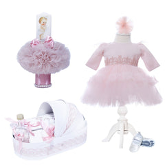 Set complet pentru botez de fete compus din lumanare printesa, trusou brodat cu "Azi m-am crestinat", rochita alba cu dantela si pantofiori, 10 piese, roz pudrat, Recostore, REC2256
