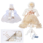 Set complet pentru botez de fete compus din lumanare, trusou brodat "Cu drag de la nasi", rochita cu trena si pantofiori, 11 piese, ivoire, Recostore, REC2243