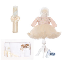 Set complet pentru botez de fete compus din lumanare, trusou, rochita si pantofiori, 11 piese, ivoire, Recostore, REC2241