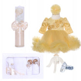 Set complet pentru botez de fetite, galben-ivoire, lumanare cu ingeras, trusou brodat cu ingeras, rochita si pantofiori, 11 piese, REC1983