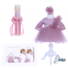 Set complet pentru botez de fetite, Ingeras brodat, lumanare, trusou, rochita si pantofiori, 11 piese, roz pudrat, REC1976